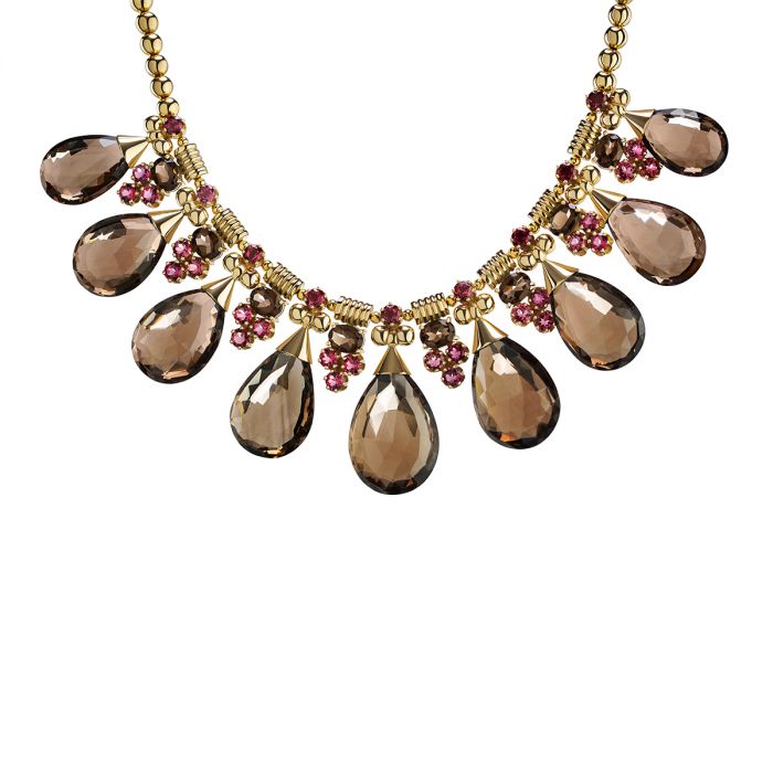 Drop Shaped Necklace Gold, Smokey Topaz Pink Tourmaline Citrine